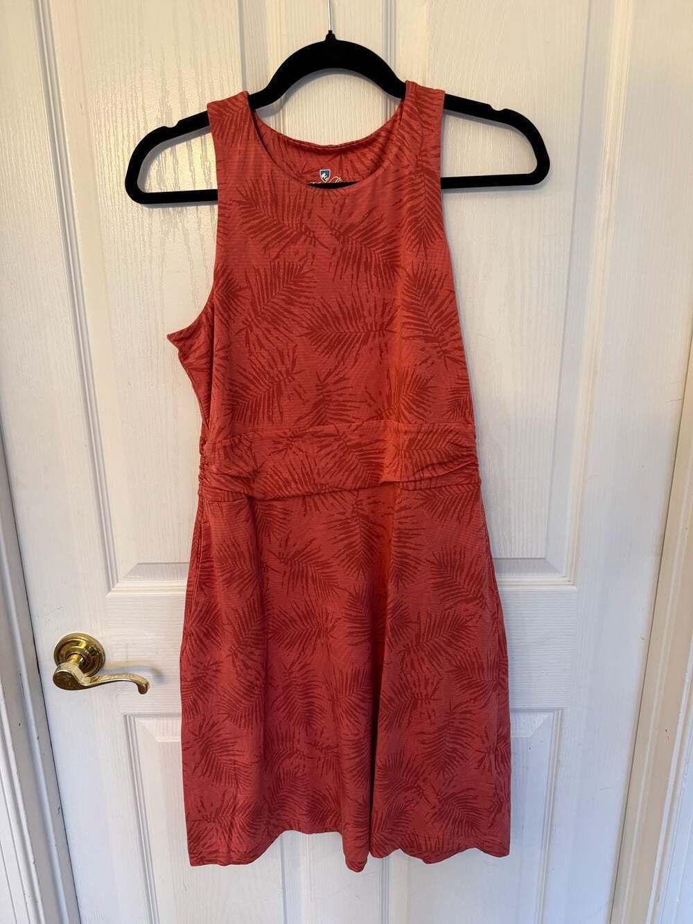 Kuhl Sleeveless A-Line Dress Rust Red Palm Print Casual Outdoor Size S